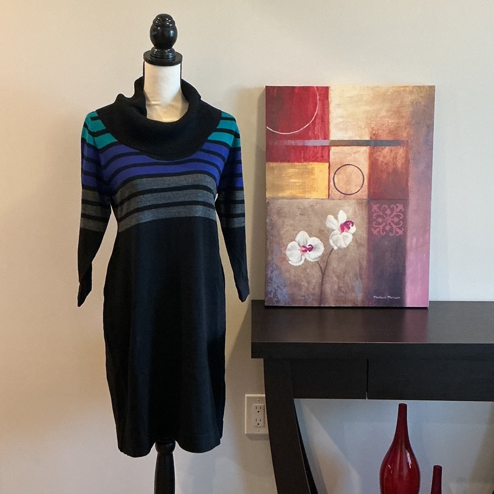 connected apparel Black Cowl Neck Sweater Dress with Blue, Teal & Gray Stripes